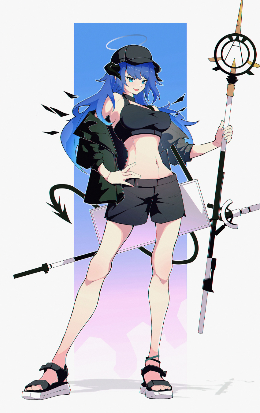 1girl absurdres alternate_costume anklet arknights baseball black_halo black_headwear black_horns black_shorts blue_eyes blue_hair breasts crop_top demon_horns demon_tail detached_wings english_commentary full_body gradient_background green_jacket halo hand_on_own_hip highres holding holding_staff horns jacket jewelry large_breasts legs long_hair midriff mostima_(arknights) navel off_shoulder open_clothes open_mouth postalworks sandals shorts solo staff tail white_halo wings