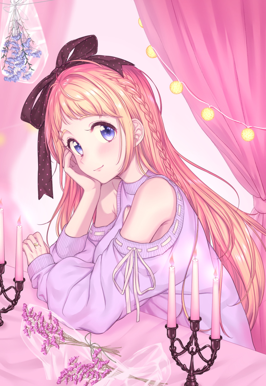 bag bangs black_ribbon blonde_hair braid candle candlestand chin_rest curtains flower hair_ribbon highres jewelry long_hair long_sleeves looking_at_viewer original pink_curtains pink_flower purple_eyes purple_shirt ribbon ribbon-trimmed_sleeves ribbon_trim ring shirt shoulder_cutout side_braid sleeves_past_wrists smile solo umeno white_ribbon