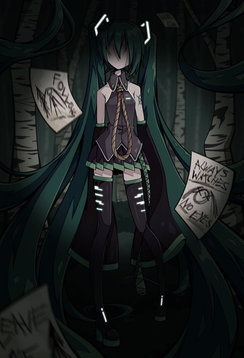 1girl aqua_footwear aqua_hair black_skirt black_sleeves black_thighhighs blurry blurry_foreground colored_skin cosplay creepypasta detached_sleeves faceless forest grey_shirt hatsune_miku highres horror_(theme) long_hair long_sleeves motion_blur nature necktie no_mouth no_nose noose paper pov shirt shoulder_tattoo sidelocks skirt slender_man slender_man_(cosplay) slys_(jesterdysphoria) solo tattoo thighhighs twintails very_long_hair very_long_sleeves vignetting vocaloid white_skin wide_sleeves