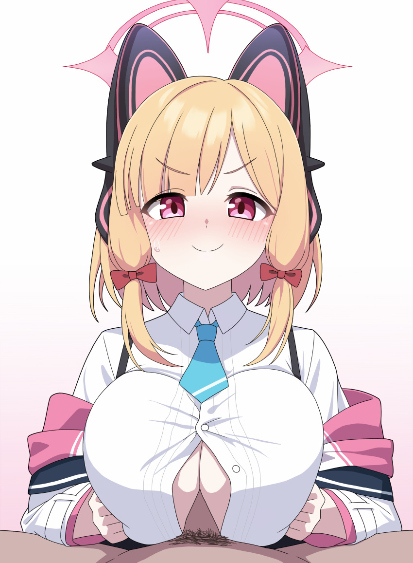 1boy 1girl absurdres alternate_breast_size animal_ear_headphones animal_ears blonde_hair blue_archive blue_necktie blush bow breasts closed_mouth collared_shirt fake_animal_ears gradient_background hair_bow halo headphones highres large_breasts long_sleeves looking_at_viewer male_pubic_hair momoi_(blue_archive) motion_lines necktie paizuri penis pink_halo pubic_hair red_bow red_eyes shirt short_hair smug vector_(dmlddmld00) white_shirt