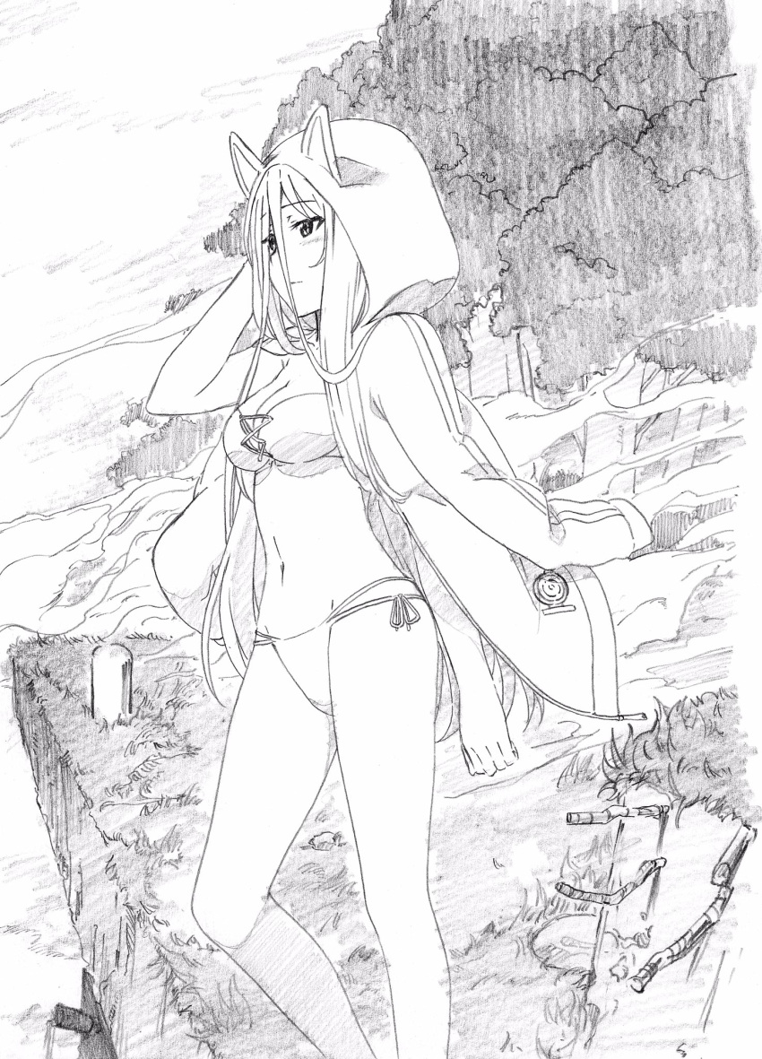 animal_hood bikini breasts cat_hood closed_mouth commentary eyebrows_visible_through_hair girls_und_panzer graphite_(medium) greyscale hair_between_eyes hand_on_head highres hood hooded_jacket jacket jacket_on_shoulders legs light_frown long_hair medium_breasts monochrome navel nekonyaa no_eyewear no_pants outdoors pink_x side-tie_bikini solo standing swimsuit traditional_media