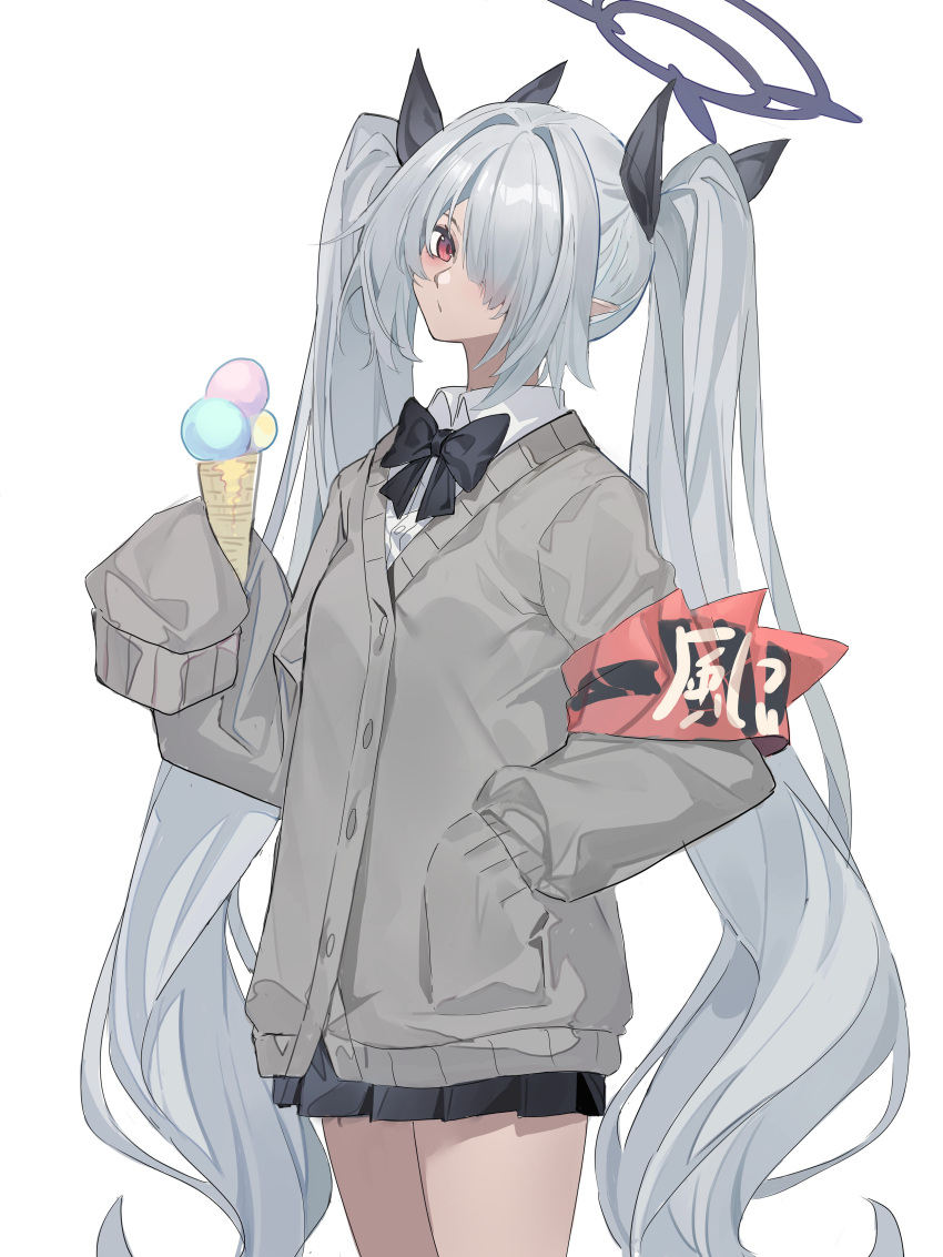 1girl absurdres armband black_bow blue_archive blush bow brown_cardigan cardigan collared_shirt cowboy_shot dark-skinned_female dark_skin echj food grey_hair hair_over_one_eye hair_ribbon halo hand_in_pocket highres holding holding_food holding_ice_cream ice_cream ice_cream_cone iori_(blue_archive) long_hair long_sleeves pleated_skirt pointy_ears red_eyes ribbon shirt skirt sleeves_past_fingers sleeves_past_wrists solo triple_scoop twintails very_long_hair