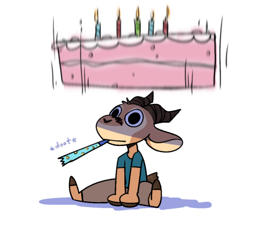 2024 2_horns antelope anthro barefoot biped birthday_cake birthday_candle bovid cake candle chico_(fuel) clothed clothing dessert english_text facial_markings falling feet food fuel_(artist) gazelle head_markings head_tuft horn imminent_mess male mammal markings motion_blur motion_lines mouth_hold party_horn shadow simple_background sitting solo sound_effects text tuft white_background