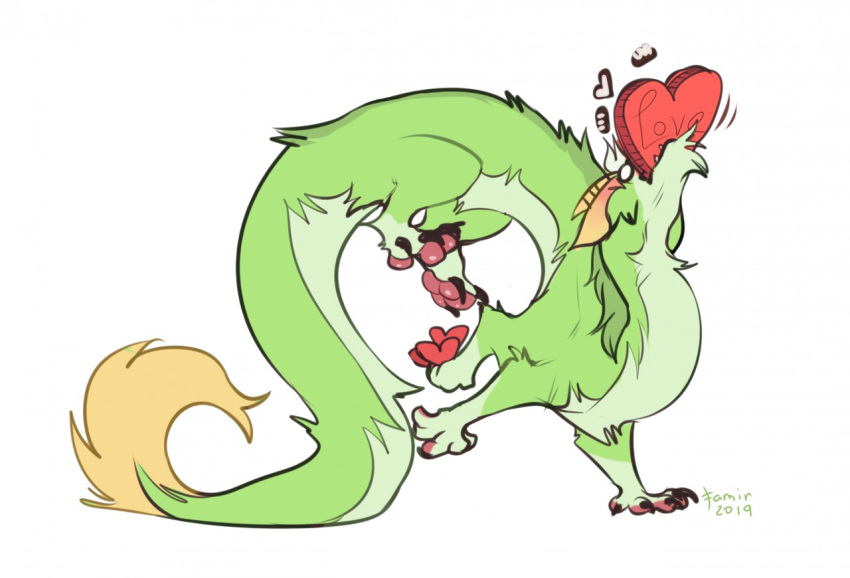 2019 ambiguous_gender candy chocolate dated dessert dragon ears_back eating empty_eyes famir_(artist) famir_(character) feral food fur furred_dragon green_body green_fur horn male_(lore) pawpads pivoted_ears red_pawpads side_view signature simple_background solo tail tail_tuft tuft white_background wide_eyed yellow_horn