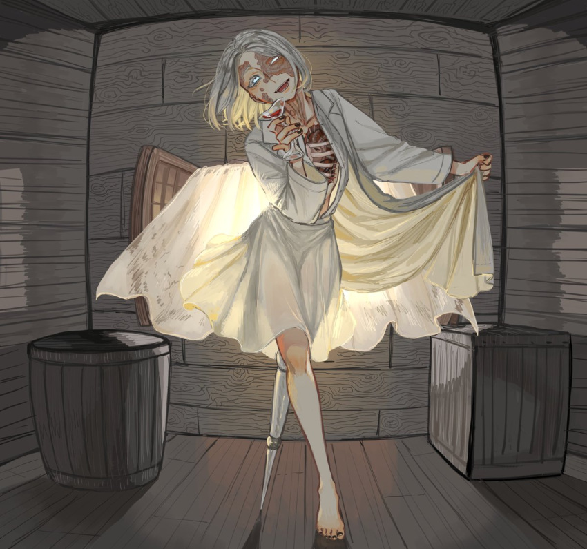 1girl alcohol barefoot black_nails blue_eyes bob_cut box coat_hold commentary crossed_legs crushing cup curtains cyborg day dr._ayumu drinking_glass english_commentary exposed_bone exposed_muscle floating_clothes full_body grey_eyes grey_hair hand_up head_tilt heart_(organ) heterochromia holding holding_cup hole_in_chest hole_on_body houseki_no_kuni iciriini indoors lab_coat long_sleeves looking_at_viewer open_clothes open_mouth open_shirt outstretched_arm parted_bangs prosthesis prosthetic_leg ribs rotting scar scar_on_face see-through_silhouette shirt shirt_tucked_in short_hair skirt solo sunlight white_shirt white_skirt window wine wooden_floor
