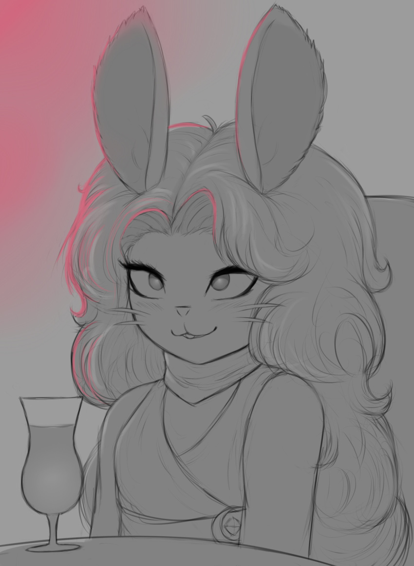 anthro beverage big_hair breasts clothing cute_eyes date dress female hair hi_res kierus lagomorph leporid looking_at_another mammal rabbit simple_background small_breasts smile solo