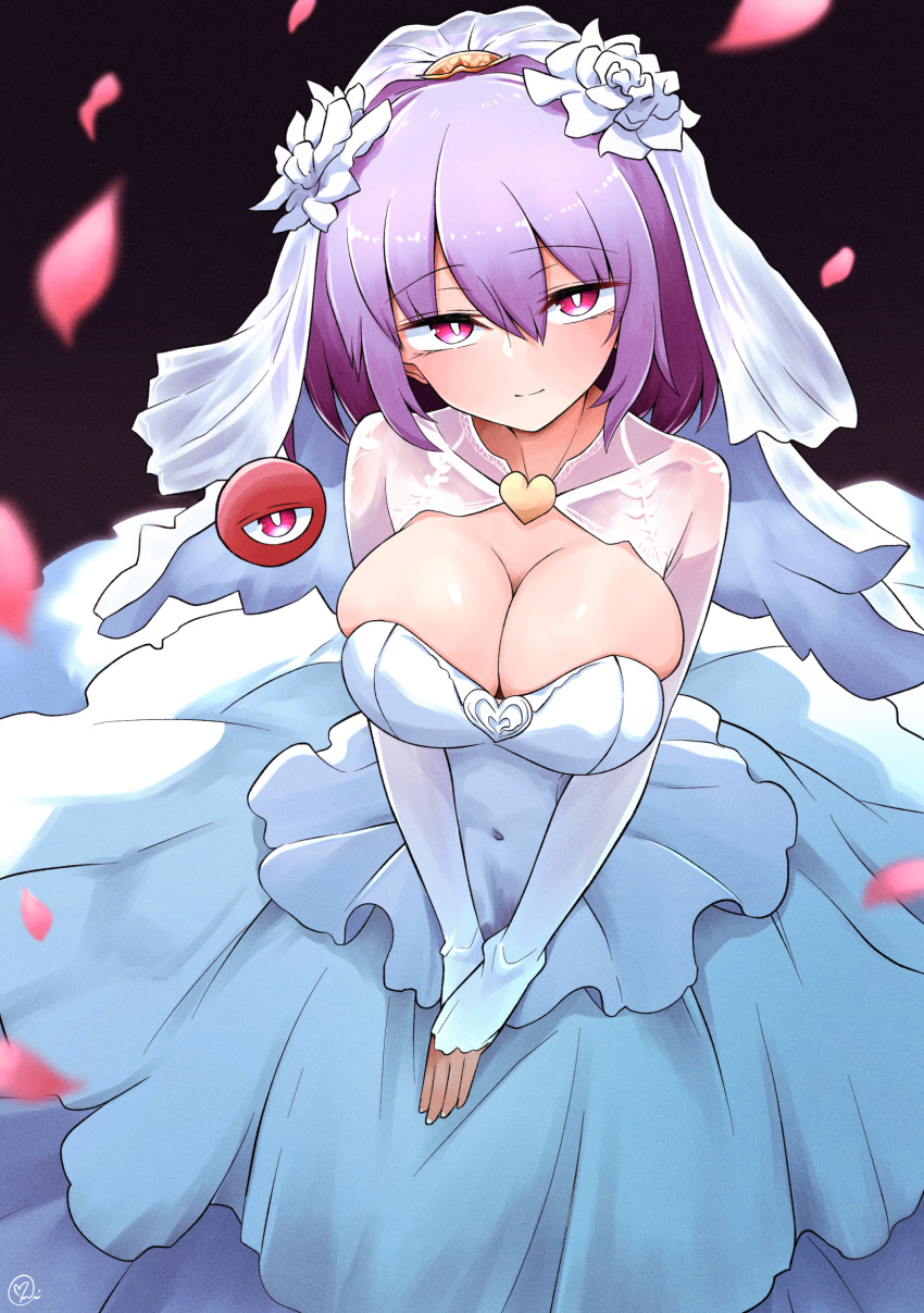 1girl alternate_breast_size alternate_costume black_background blush breasts cleavage commentary_request covered_navel cowboy_shot dress elbow_gloves flower from_above gloves hair_flower hair_ornament highres komeiji_satori large_breasts light_blush light_smile looking_at_viewer own_hands_together petals pink_eyes purple_hair scavia10 short_hair simple_background solo third_eye touhou tsurime wedding_dress white_dress white_flower white_gloves white_headdress