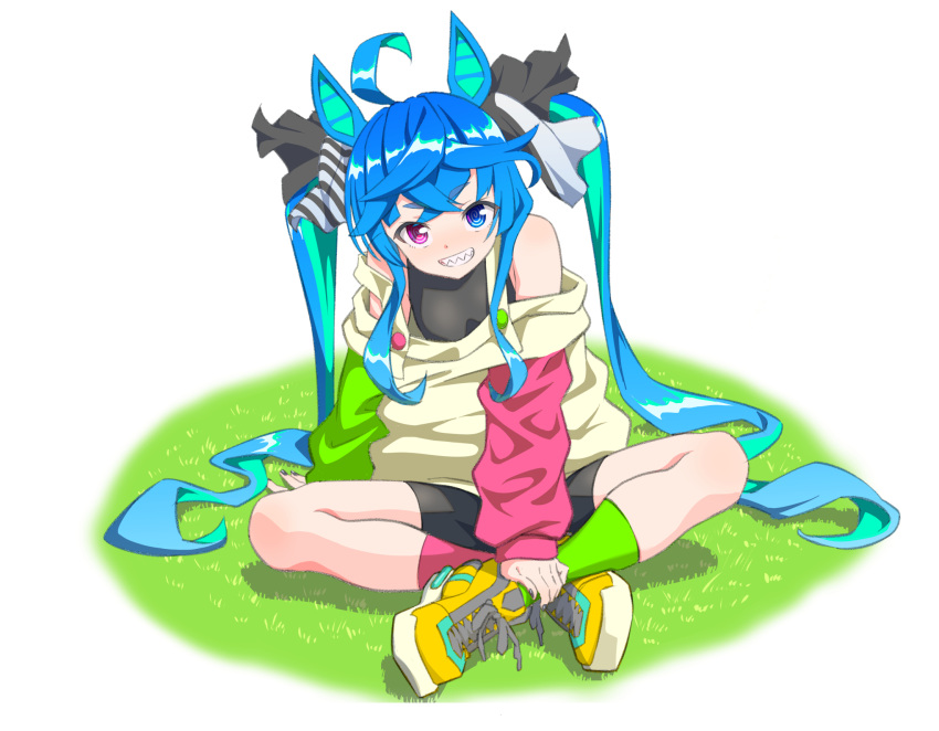 1girl @_@ ahoge animal_ears aqua_hair asymmetrical_legwear bike_shorts black_nails blue_eyes blue_hair bow commentary_request crossed_bangs grass green_socks grin hair_bow hand_on_own_leg heterochromia highres horse_ears horse_girl indian_style kneehighs long_hair looking_at_viewer mismatched_legwear multicolored_hair multicolored_sweater nail_polish niboshi1200r off-shoulder_sweater off_shoulder on_grass pink_socks red_eyes sharp_teeth shirt shoelaces shoes sidelocks simple_background sitting sleeveless sleeveless_shirt smile sneakers socks solo strap_slip striped_bow sweater teeth twin_turbo_(umamusume) twintails two-tone_hair umamusume very_long_hair white_background yellow_footwear