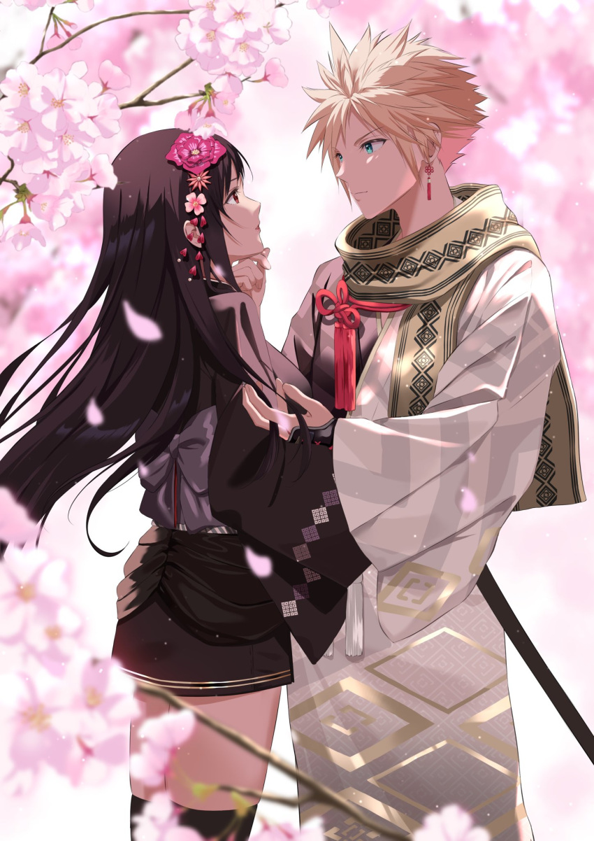 befirst_b black_hair black_kimono blonde_hair cherry_blossoms cloud_strife cloud_strife_(official_festive_garb) couple earrings final_fantasy final_fantasy_vii final_fantasy_vii_ever_crisis final_fantasy_vii_remake flower hair_flower hair_ornament hand_on_another's_chin highres japanese_clothes jewelry katana kimono official_alternate_costume petals scarf spiked_hair standing sword tassel tassel_earrings tifa_lockhart tifa_lockhart_(exotic_dress) two-tone_kimono weapon