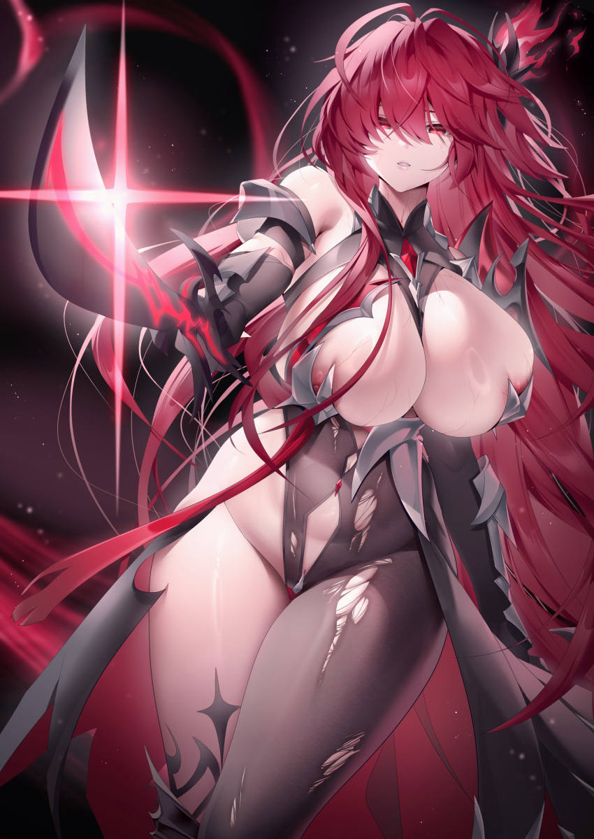 1girl absurdres asymmetrical_clothes bare_shoulders been bodystocking breasts elesis_(elsword) elsword hair_between_eyes highres holding holding_sword holding_weapon huge_breasts long_hair nipple_slip nipples red_eyes red_hair solo sword torn_bodystocking torn_clothes very_long_hair weapon