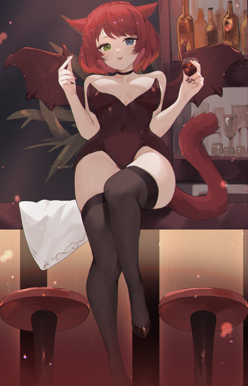 1girl absurdres animal_ears bar_stool bare_shoulders black_leotard black_thighhighs blue_eyes breasts cat_ears cat_girl cat_tail commission cup facial_mark final_fantasy final_fantasy_xiv green_eyes heterochromia highres holding holding_cup leotard looking_at_viewer lost-phews medium_breasts miqo'te red_hair short_hair solo stool strapless strapless_leotard tail thighhighs warrior_of_light_(ff14) whisker_markings wings