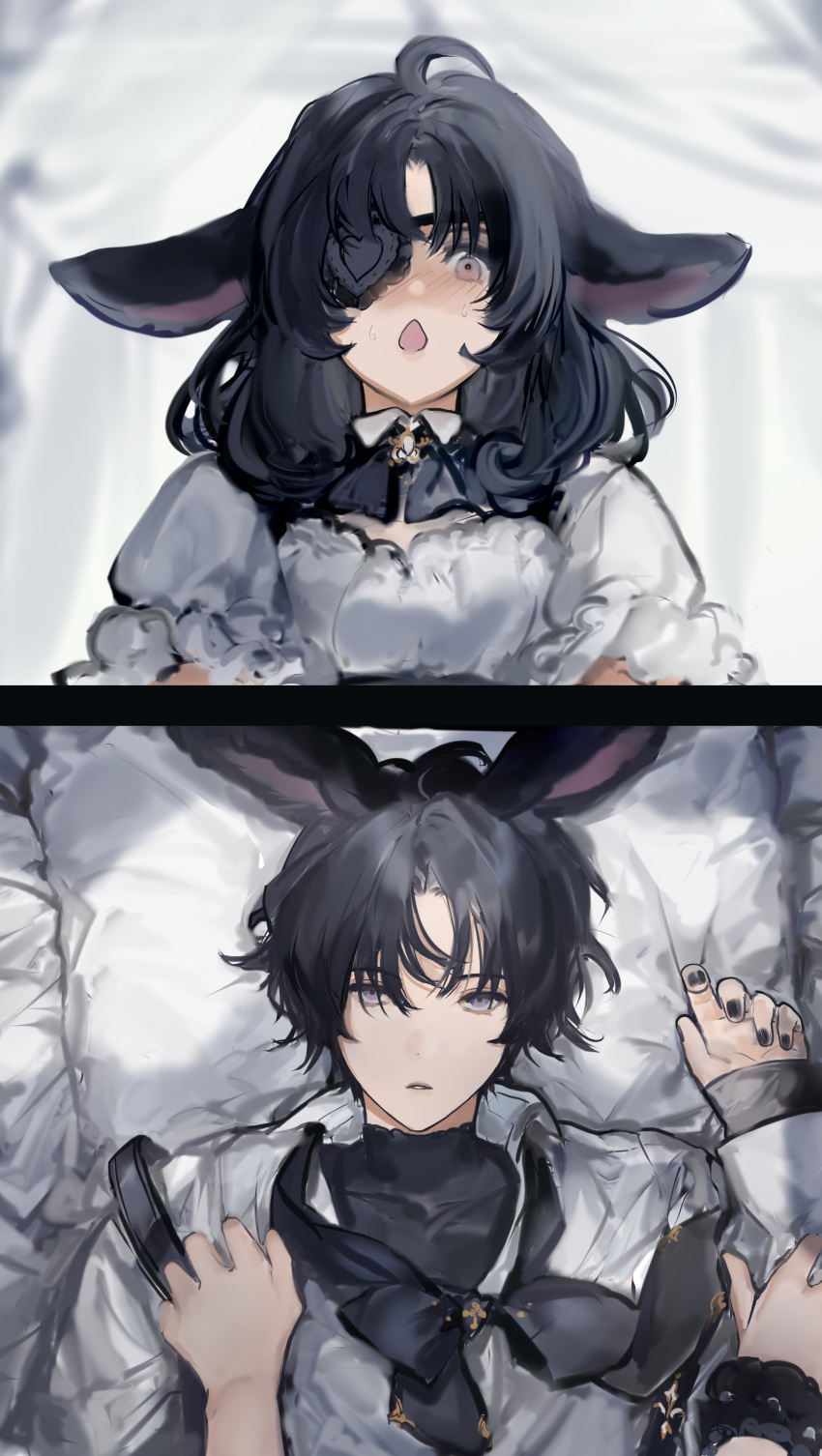 1boy 1girl absurdres animal_ears blue_hair blush brother_and_sister commentary_request eyepatch ezenour female_pov girl_on_top hetero highres incest lying medium_hair on_back original pov purple_eyes rabbit_boy rabbit_ears rabbit_girl short_hair siblings triangle_mouth upper_body