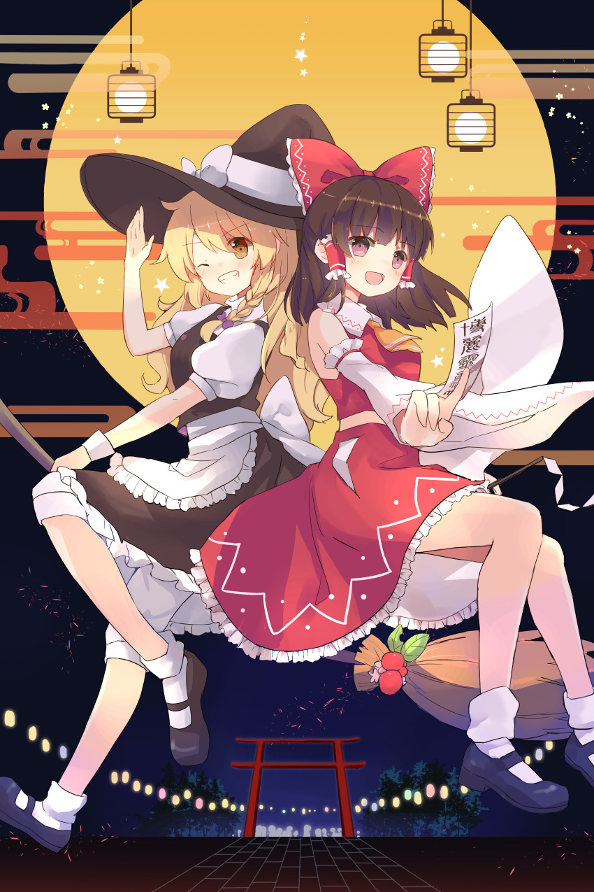 2girls absurdres ankle_socks apron bare_shoulders blonde_hair bow braid broom broom_riding brown_hair detached_sleeves full_body full_moon hair_bow hakurei_reimu hat highres kirisame_marisa long_hair medium_hair moon multiple_girls orange_eyes purple_eyes red_shirt red_skirt reitaisai rudrawong shirt short_sleeves single_braid skirt sleeveless socks torii touhou white_apron white_sleeves white_socks witch_hat