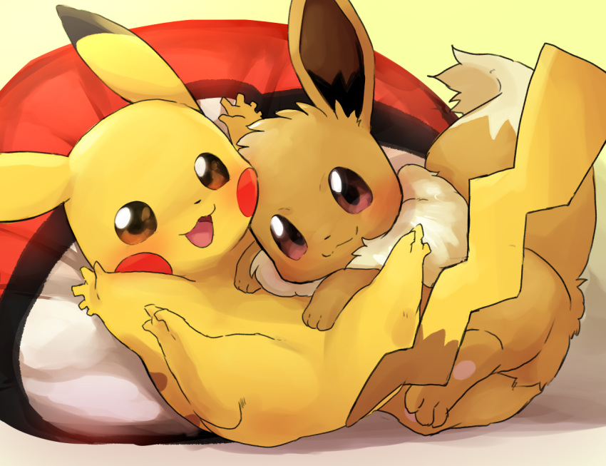 arms_up blush blush_stickers closed_mouth commentary_request dagashi_(daga2626) eevee full_body gen_1_pokemon happy looking_at_viewer lying no_humans on_back on_side open_mouth outstretched_arms pikachu pillow poke_ball_theme pokemon pokemon_(creature) pokemon_(game) pokemon_lgpe smile spread_legs