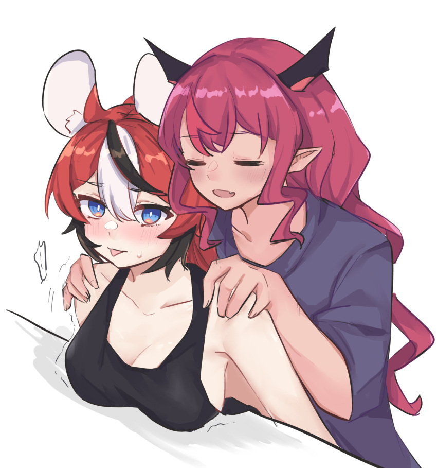 2girls absurdres animal_ears blue_eyes blush hakos_baelz highres hirasawa_izumi hololive hololive_english horns irys_(hololive) long_hair mouse_ears multicolored_hair multiple_girls pointy_ears purple_hair red_hair simple_background streaked_hair virtual_youtuber