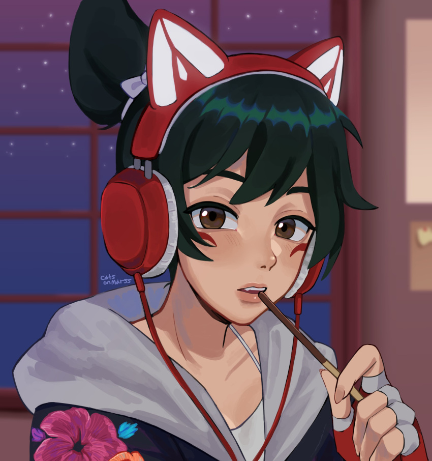 1girl absurdres black_jacket brown_eyes catsonmarss floral_print food green_hair headphones highres indoors jacket kiriko_(overwatch) looking_at_viewer night overwatch overwatch_2 pocky shirt sky star_(sky) starry_sky white_shirt window