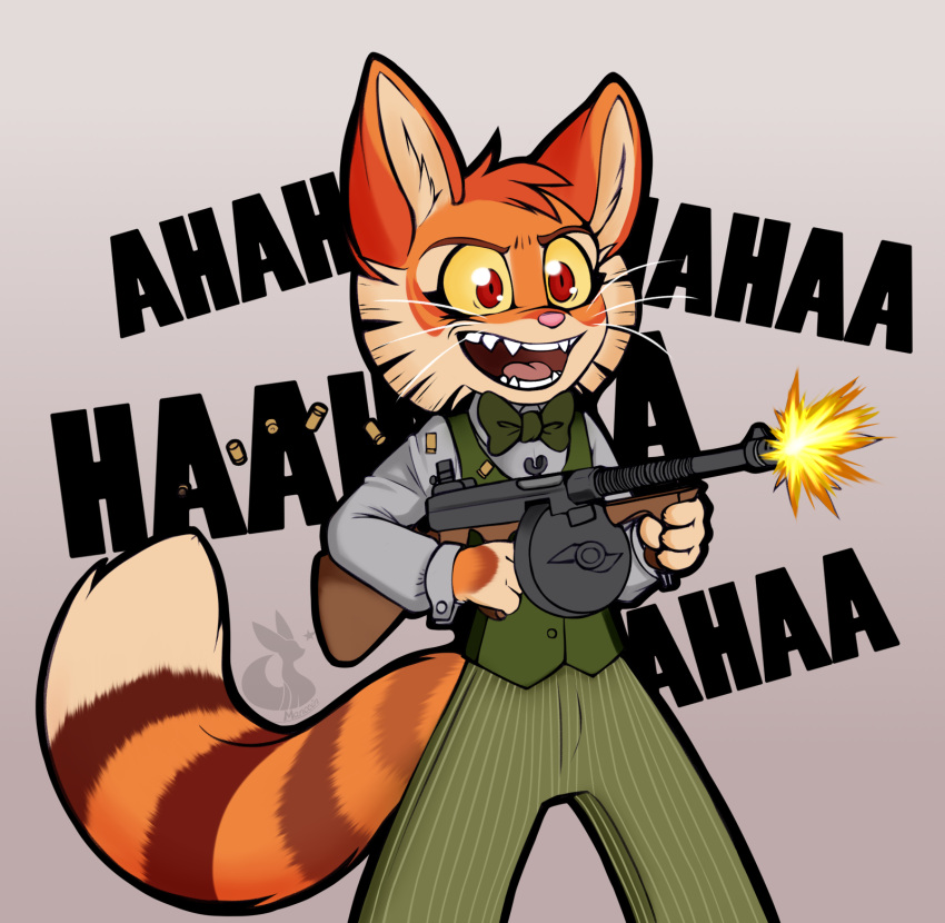 anthro bottomwear bow_tie bullet_casing calvin_mcmurray clothed clothing crazy_eyes digital_media_(artwork) dipstick_tail domestic_cat felid feline felis fully_clothed fur gun hair hi_res holding_gun holding_object holding_weapon inner_ear_fluff insane lackadaisy laugh male mammal mancoin markings open_mouth pants pattern_bottomwear pattern_clothing pattern_pants ranged_weapon red_eyes ring_(marking) ringtail shirt signature simple_background smile solo striped_bottomwear striped_clothing striped_pants stripes submachine_gun tail tail_markings teeth text thompson_gun tongue topwear tuft vest weapon webcomic webcomic_character whiskers yellow_sclera