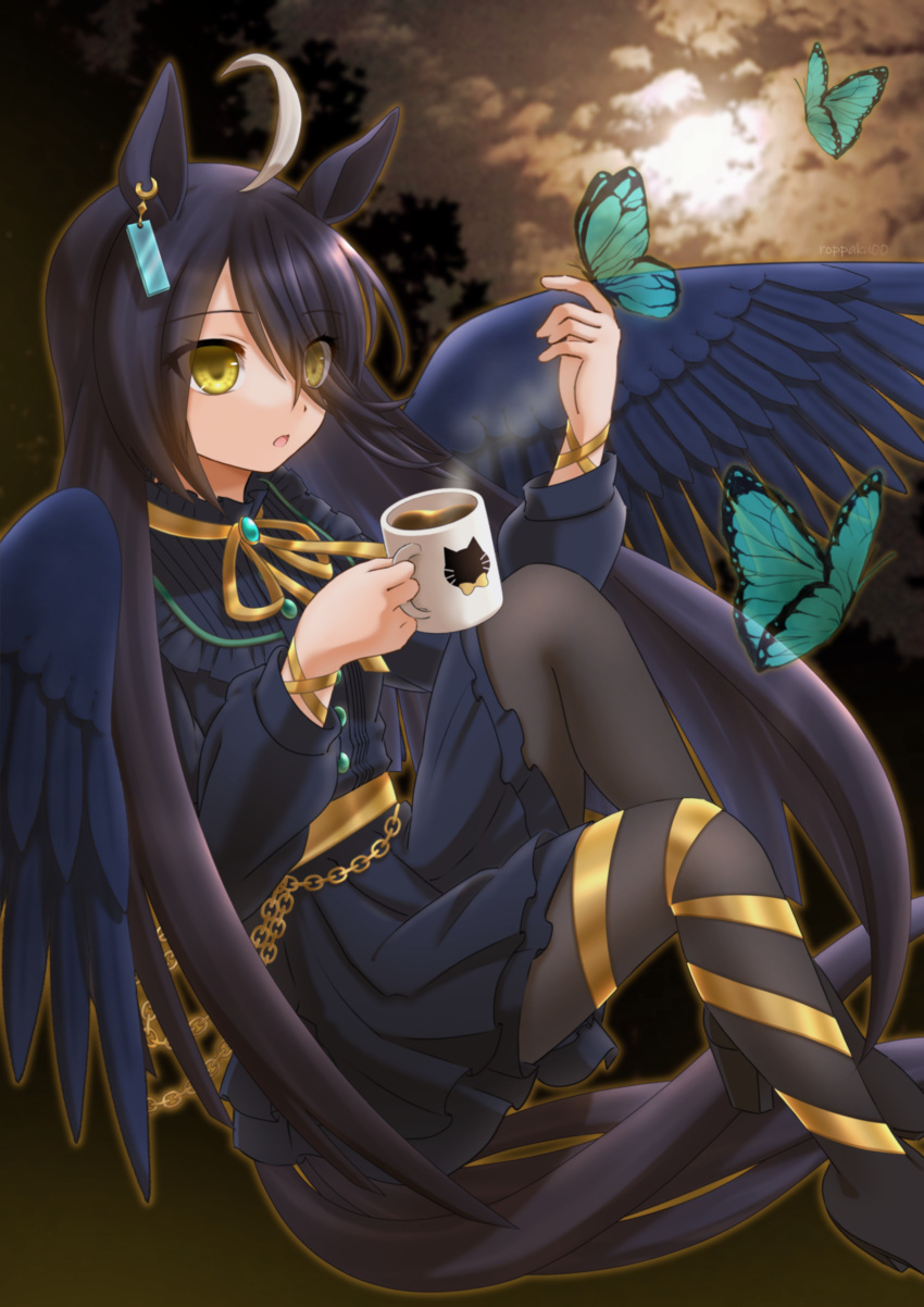 1girl absurdres ahoge animal_ears belly_chain black_dress black_hair black_pantyhose black_wings bug butterfly cloud cloudy_sky coffee_mug commentary cup dress earrings feathered_wings floating frilled_dress frills grey_pantyhose hair_over_one_eye highres holding holding_cup horse_ears horse_girl horse_tail jewelry knee_up long_hair long_sleeves looking_to_the_side manhattan_cafe_(umamusume) mug night outdoors pantyhose roppaku short_dress single_earring sitting sky solo tail umamusume white_hair wings yellow_eyes