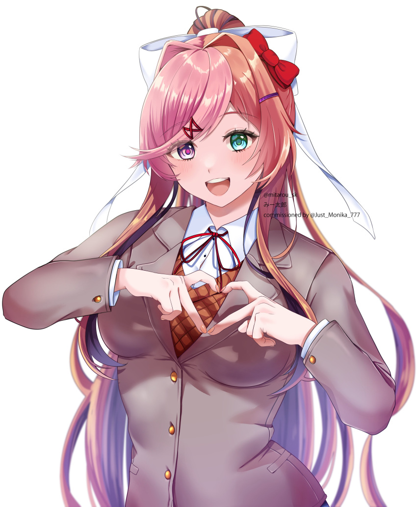 1girl absurdres blazer bow breasts brown_hair buttons commission doki_doki_literature_club fusion hair_between_eyes hair_bow heart heart_hands heterochromia highres jacket long_hair long_sleeves looking_at_viewer mi_tarou0412 monika_(doki_doki_literature_club) multicolored_hair natsuki_(doki_doki_literature_club) open_mouth pink_hair purple_hair sayori_(doki_doki_literature_club) school_uniform smile upper_body white_background yuri_(doki_doki_literature_club)