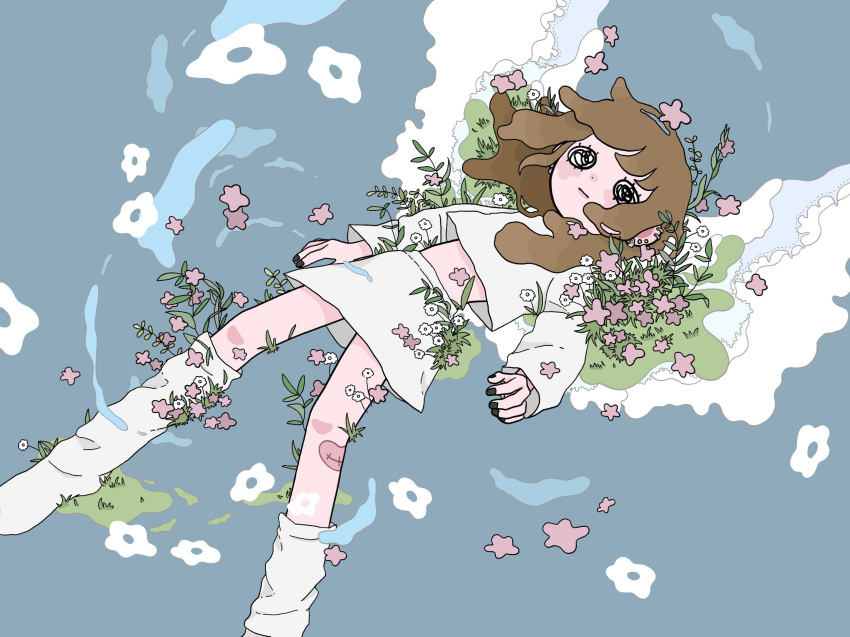 1girl black_nails blue_background blush_stickers brown_hair closed_mouth cloud expressionless flower grass heart heart_tattoo highres leg_tattoo long_hair long_sleeves meitooso o_o original pink_flower shirt sidelocks skirt socks tattoo white_flower white_shirt white_skirt white_socks