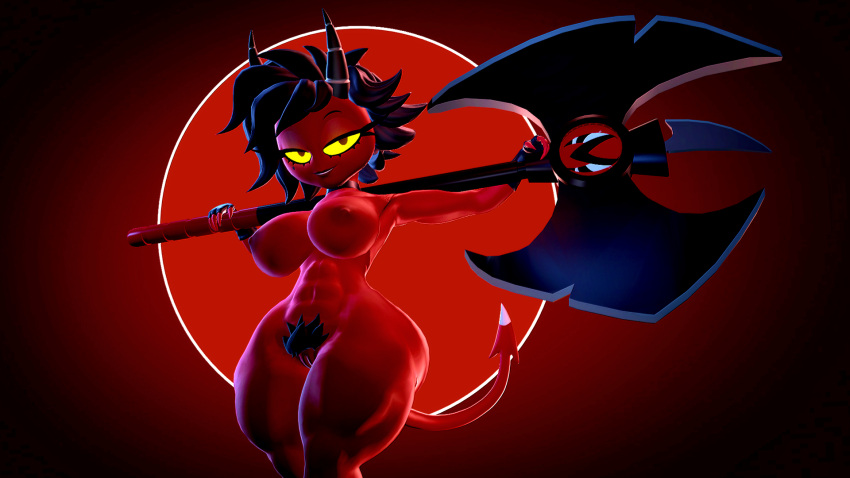 16:9 2023 2_horns 3d_(artwork) 4_fingers abs abstract_background areola armada_(artist) athletic athletic_female axe battle_axe beauty_mark bedroom_eyes big_areola big_breasts black_eyes black_hair black_pubes breasts choker clothing curvy_figure demon demon_humanoid digital_media_(artwork) eyelashes female fingerless_gloves fingers garry's_mod genitals gloves hair handwear helluva_boss hi_res horn horned_humanoid hourglass_figure humanoid imp jewelry long_tail looking_at_viewer markings millie_(helluva_boss) mole_(marking) narrowed_eyes necklace nipples nude pubes pussy red_body red_skin seductive short_hair small_waist smile solo spade_tail tail thick_thighs voluptuous wide_hips widescreen yellow_sclera