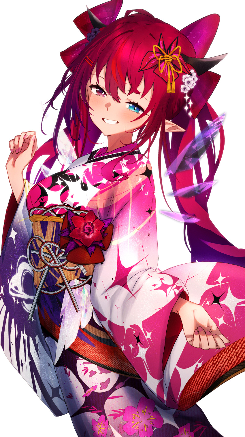 1girl absurdres asymmetrical_wings blue_eyes blush breasts commentary crystal_wings flower getto hair_flower hair_ornament halo heterochromia highres hololive hololive_english horns irys_(hololive) irys_(new_year)_(hololive) japanese_clothes kimono long_hair looking_at_viewer multicolored_clothes multicolored_hair multicolored_kimono official_alternate_costume pointy_ears purple_eyes purple_hair red_hair simple_background smile solo streaked_hair very_long_hair virtual_youtuber white_background wings