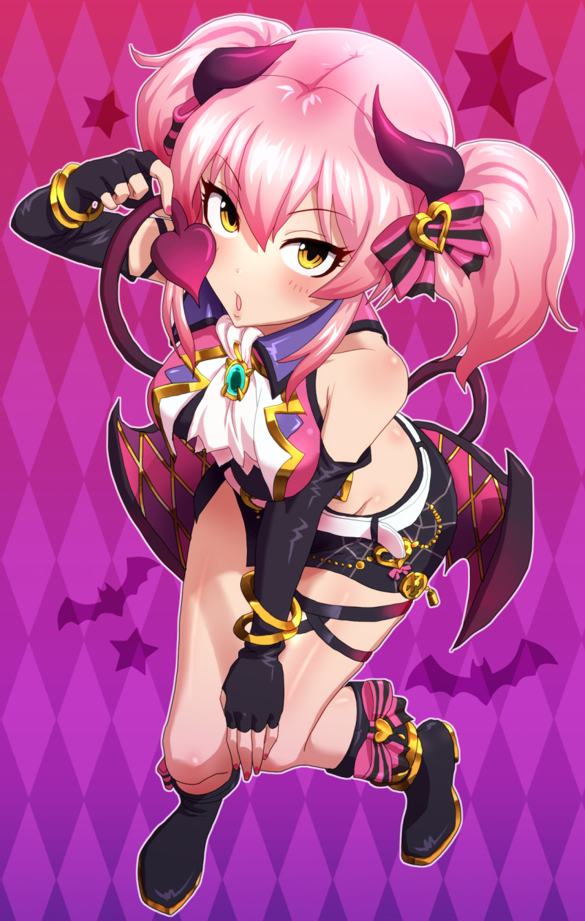 argyle argyle_background bangs bare_shoulders bat belt black_footwear black_gloves black_skirt blush boots bow bracelet breasts brooch cravat demon_girl demon_horns demon_tail demon_wings elbow_gloves eyelashes fingerless_gloves full_body gem gloves gradient gradient_background hair_between_eyes hair_bow halloween_costume highres hips horns idolmaster idolmaster_cinderella_girls jewelry jougasaki_mika kezune_(i-_-i) legs long_hair looking_at_viewer low_wings medium_breasts miniskirt nail_polish open_mouth pink_hair pink_vest sidelocks skirt solo spider_web_print star tail thigh_strap thighs twintails vest wings yellow_eyes