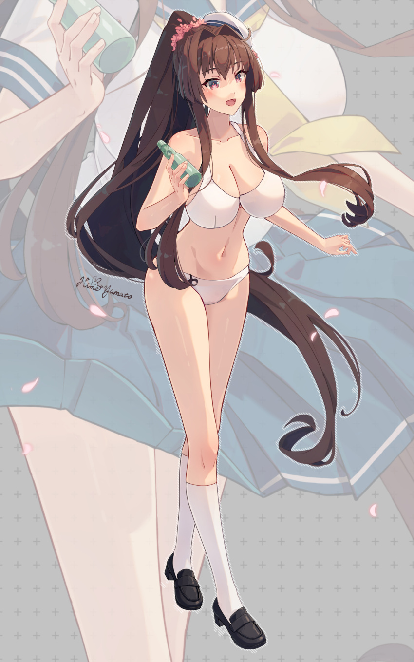 1girl alternate_costume artist_name bare_shoulders blush bottle bra breasts brown_hair cleavage commentary_request flower full_body glass_bottle hair_flower hair_intakes hair_ornament highres himeyamato holding holding_bottle kantai_collection large_breasts long_hair looking_at_viewer navel open_mouth panties ponytail ramune red_eyes signature smile solo underwear underwear_only very_long_hair white_bra white_panties yamato_(kancolle)