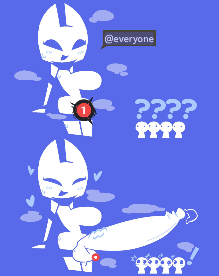 anthro balls big_breasts big_penis blue_blush blush bodily_fluids breasts clyde_(discord) discord_(app) exclamation_point genital_fluids genitals gynomorph hi_res huge_penis hyper hyper_genitalia hyper_penis intersex long_penis looking_at_genitalia looking_at_penis lottieplus notification open_mouth open_smile penis precum pupils question_mark shocked small_pupils smile sweat sweaty_balls sweaty_genitalia white_balls white_body white_breasts white_ears white_penis