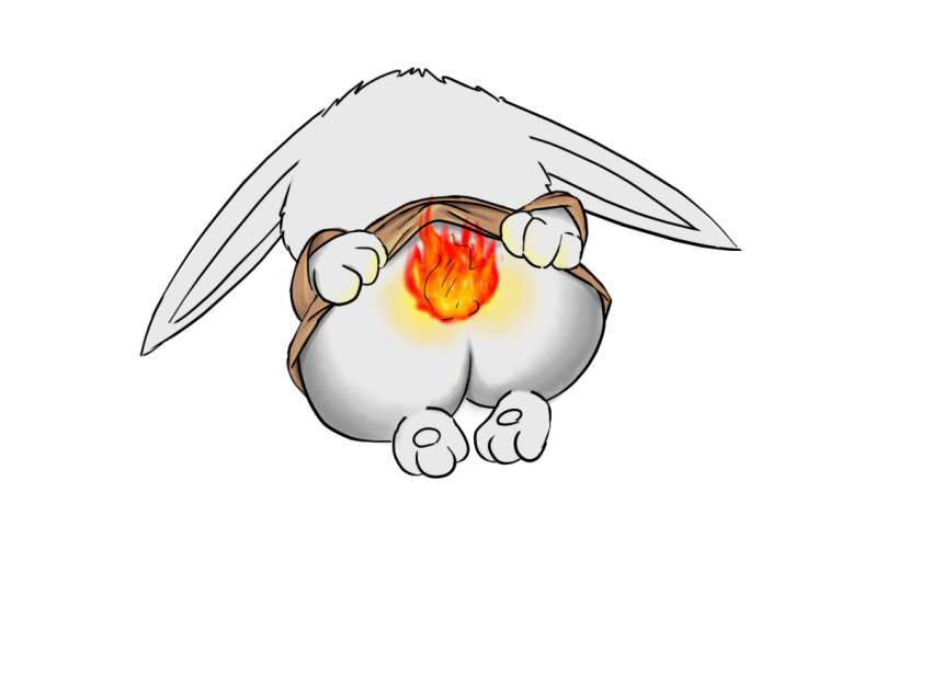 ambiguous_gender anthro bottomless burning butt butt_on_fire clothed clothing fifybear fire hand_on_butt lagomorph leporid mammal pain rabbit rear_view solo