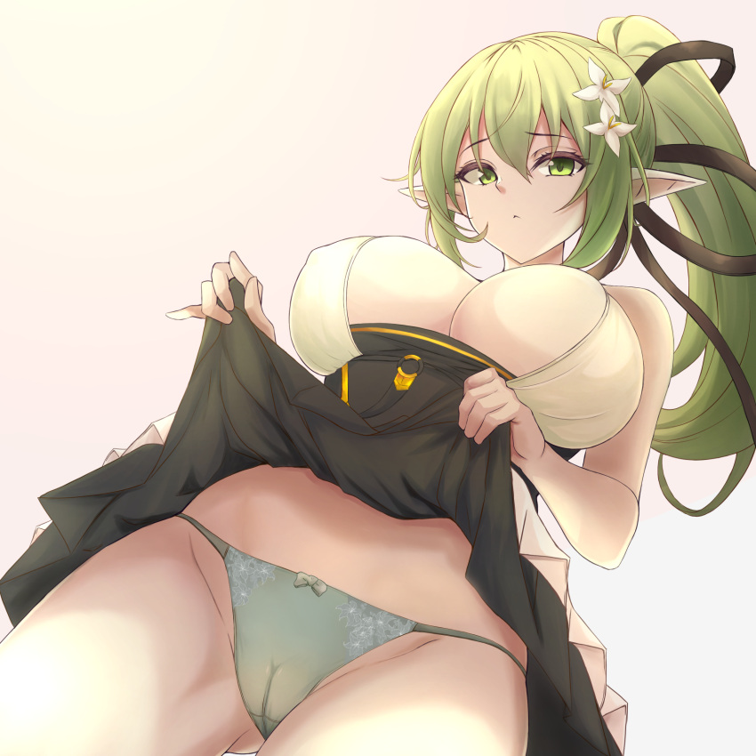 1girl bare_shoulders breasts cleavage clothes_lift dress elf elsword flower green_eyes green_hair hair_between_eyes hair_flower hair_ornament hairclip highres large_breasts long_hair looking_at_viewer panties pointy_ears ponytail rena_erindel skirt skirt_lift sleeveless solo underwear zone25388591