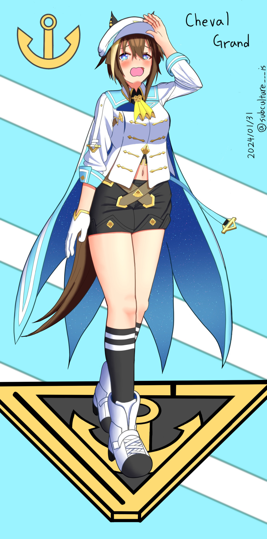 1girl absurdres animal_ears ascot black_shorts black_socks blue_cape blue_eyes blush brown_hair cape character_name cheval_grand_(umamusume) dated full_body hair_between_eyes hat highres horse_ears horse_girl jacket light_blue_background looking_at_viewer multicolored_hair navel open_mouth peaked_cap shorts simple_background socks solo standing streaked_hair subculture_is twitter_username two-tone_background umamusume white_background white_footwear white_hair white_headwear white_jacket yellow_ascot