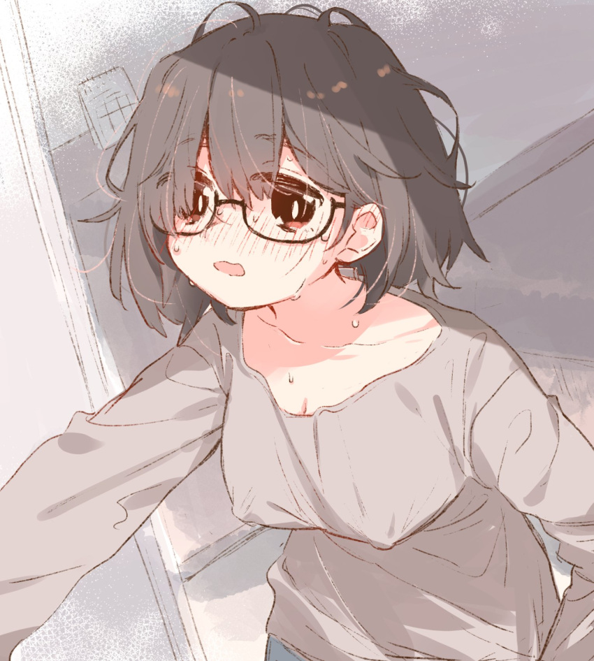 1girl black_eyes black_hair blush breasts covering_nipples glasses highres matsuda_hikari medium_breasts messy_hair open_mouth original shirt short_hair sweat t-shirt