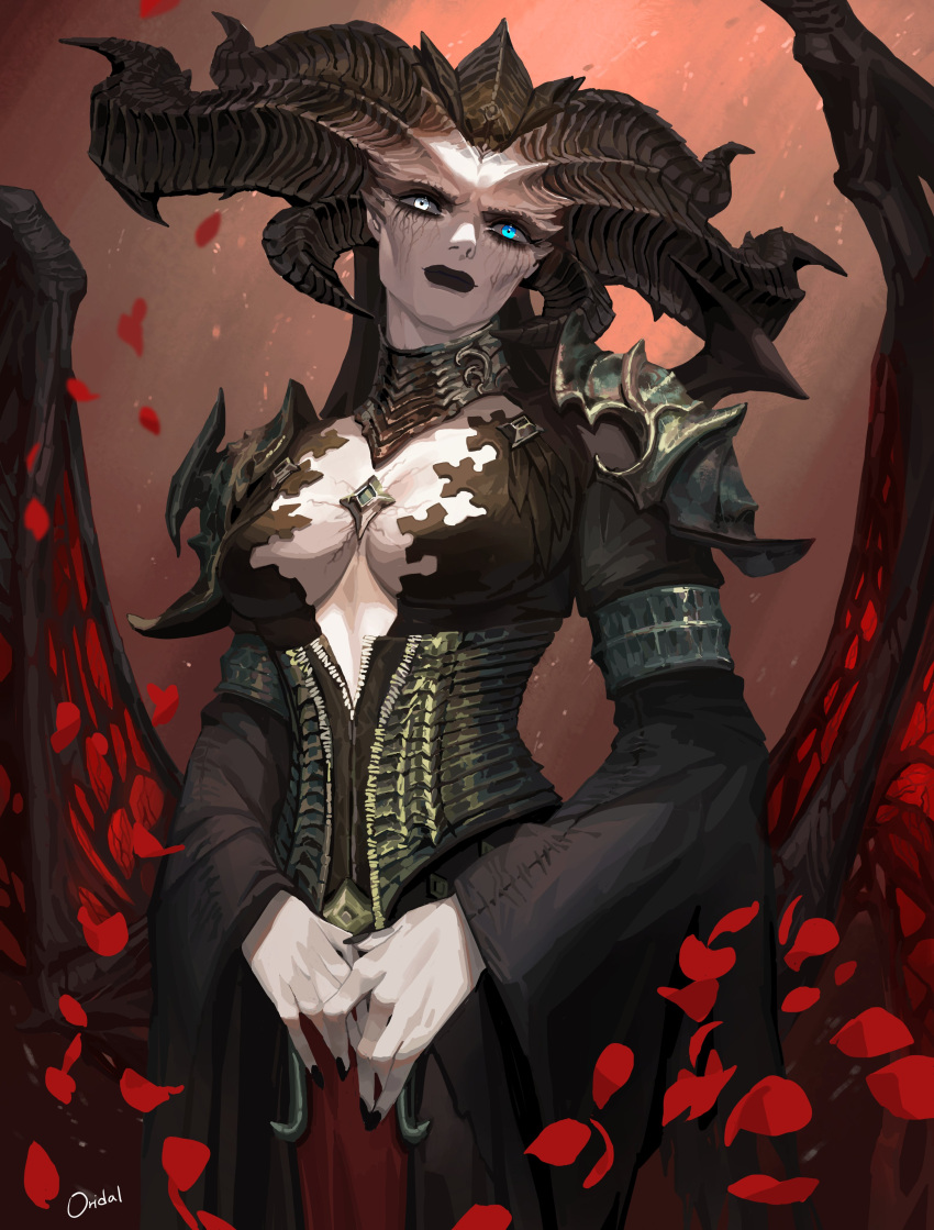 1girl absurdres armlet armor artist_name between_breasts black_dress black_hair black_horns black_nails black_theme black_wings breasts cowboy_shot curled_horns demon_girl demon_horns demon_wings detached_collar diablo_(series) diablo_4 dress facial_mark fingernails hashtag_only_commentary head_tilt heterochromia highres horns jewelry lilith_(diablo) long_sleeves looking_at_viewer multiple_horns ori_dal own_hands_together pauldrons petals plunging_neckline red_background red_wings shoulder_armor simple_background solo underbust veins wide_sleeves wings zipper
