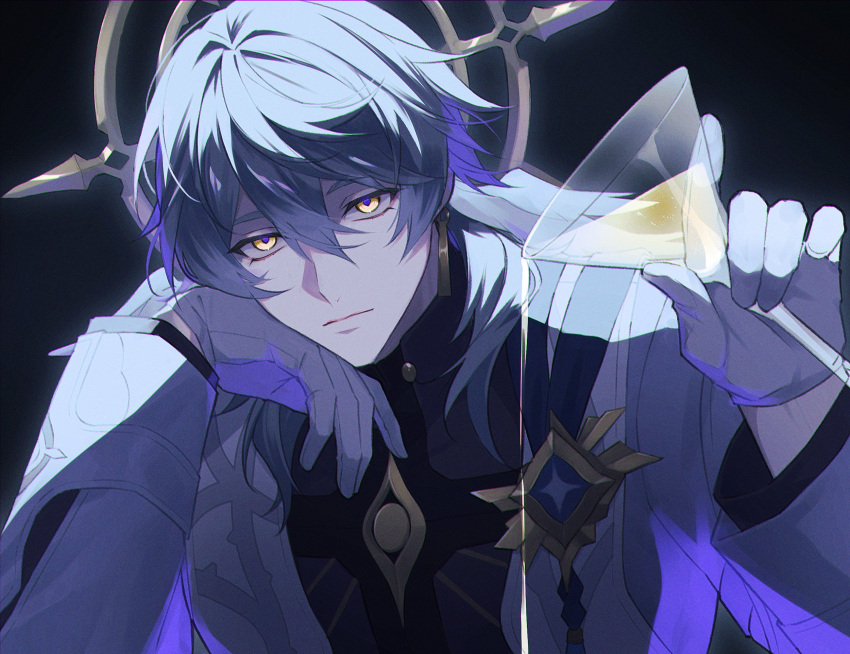 1boy black_background black_shirt blue_hair brooch cocktail_glass commentary_request cup drinking_glass empty_eyes frown gloves halo head_wings highres honkai:_star_rail honkai_(series) jacket jewelry looking_at_viewer male_focus pouring shirt short_hair simple_background solo sunday_(honkai:_star_rail) upper_body white_gloves white_jacket wings ydm_sushi yellow_eyes