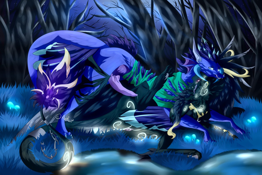 anfani_(artist) artist_logo artist_name bioluminescence black_body black_fur blue_body blue_eyes blue_fur blush bottomwear chain clothing dragon duo duskfall_(anfani) erection fantasy feathers female feral fluffy forest fur fur_markings genitals glowing glowing_plants horn lake lakeside laying_on_grass logo long_tail looking_pleasured love lust male male/female markings meadow night nsfw nude open_mouth pants penis plant purple_eyes pussy rip scarf sex shirt signature sky spill spilling star swirling_pattern tail tail_tuft tongue tongue_out topwear torn_bottomwear torn_clothing torn_pants torn_shirt torn_topwear tree tuft water wet yellow_body yellow_fur