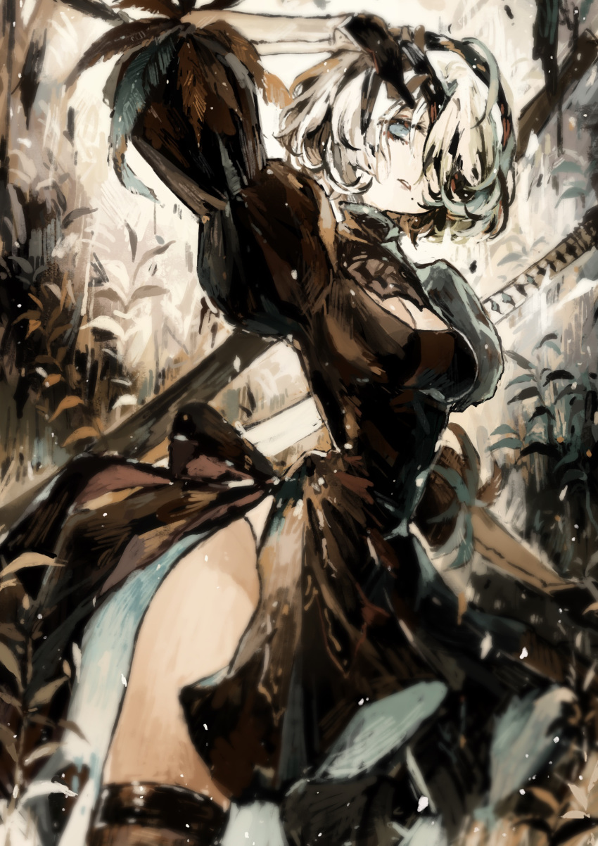 1girl 2b_(nier:automata) asterfield_(meiar) black_blindfold black_dress black_gloves black_hairband black_thighhighs blindfold blindfold_lift breasts cleavage cleavage_cutout clothing_cutout dress floating floating_object floating_sword floating_weapon gloves grey_eyes hairband highres juliet_sleeves light_particles long_sleeves medium_breasts mole mole_under_mouth nier:automata nier_(series) overgrown parted_lips puffy_sleeves short_hair side_slit solo sword thighhighs upper_body weapon white_hair