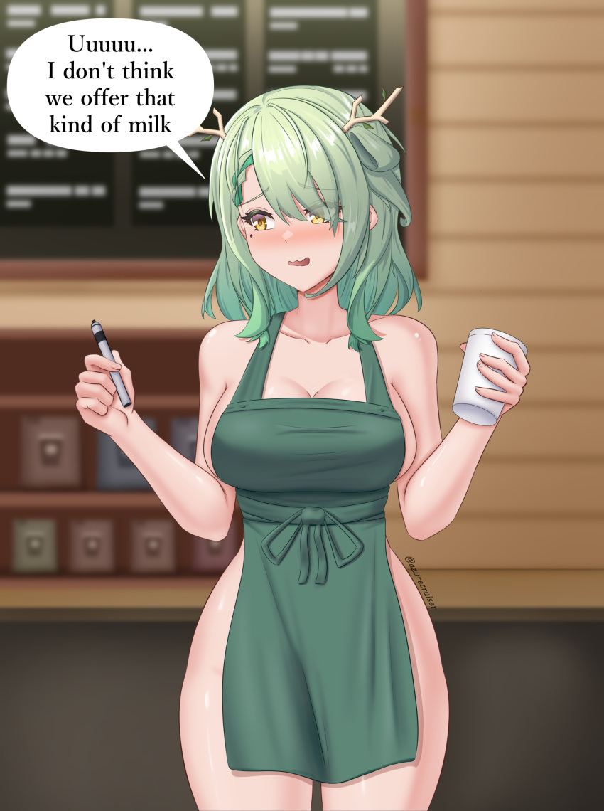 1girl absurdres apron azurecruiser blurry blurry_background blush branch breasts ceres_fauna cowboy_shot english_text green_hair highres holding holding_pen hololive hololive_english iced_latte_with_breast_milk_(meme) large_breasts meme mole mole_under_eye naked_apron pen shiny_skin speech_bubble standing starbucks twitter_username virtual_youtuber wavy_mouth wide_hips yellow_eyes