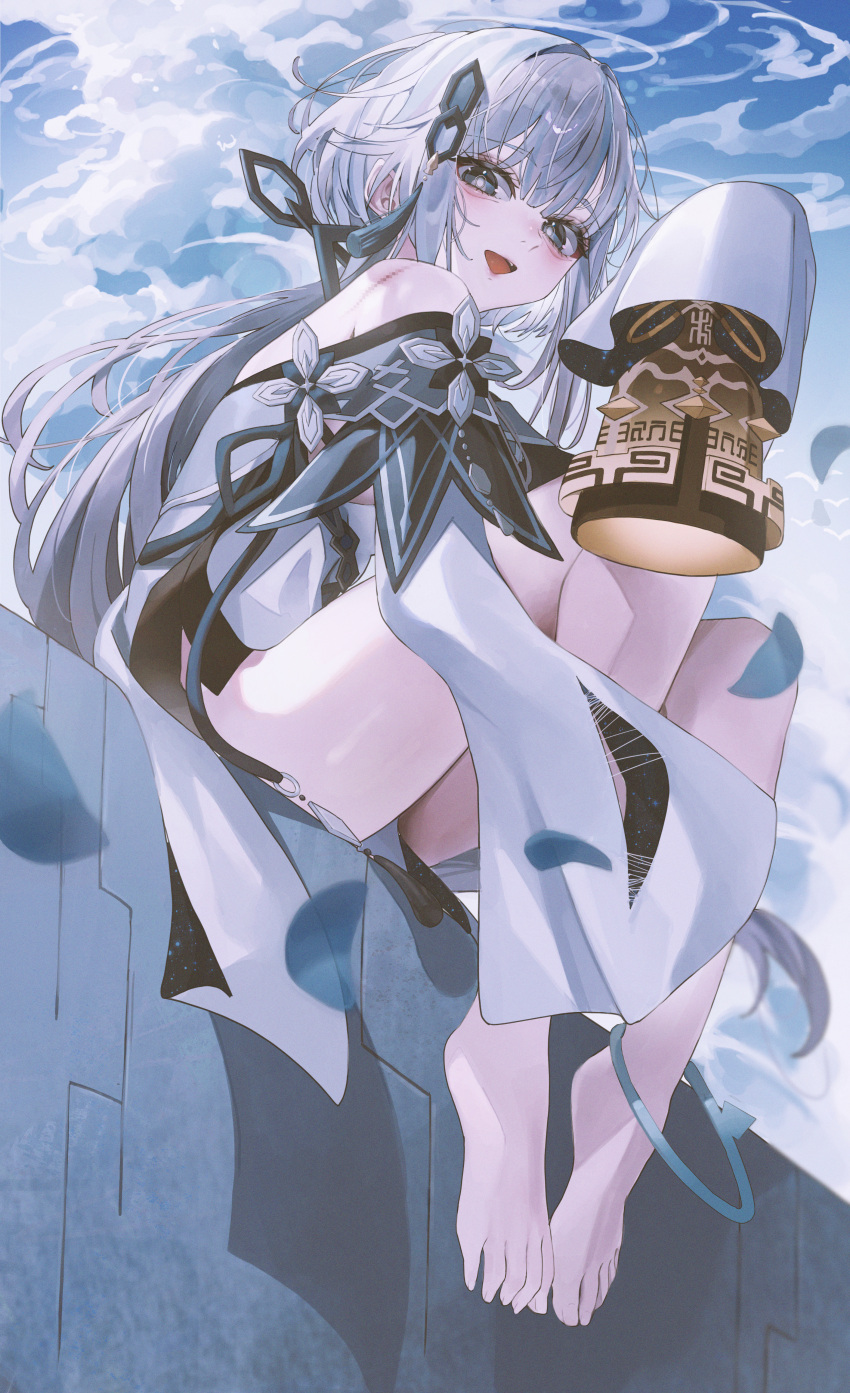 1girl absurdres bare_legs bare_shoulders barefoot cloud from_below genshin_impact grey_eyes grey_hair guizhong_(genshin_impact) hair_ornament highres indol long_hair long_sleeves looking_at_viewer looking_down looking_to_the_side open_mouth outdoors sitting sky sleeves_past_fingers sleeves_past_wrists solo tassel tassel_hair_ornament wide_sleeves