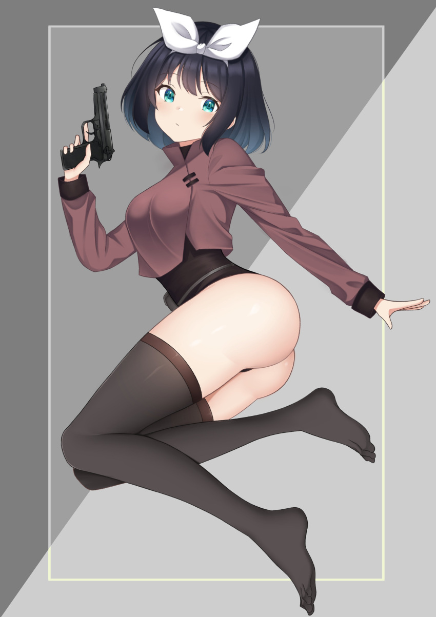 1girl :/ absurdres ass belt belt_pouch beretta_92 black_hair black_leotard black_thighhighs bow bow_hairband breasts brown_jacket closed_mouth cropped_jacket expressionless feet full_body green_eyes grey_background grey_belt gun hairband hand_up handgun highres holding holding_gun holding_weapon jacket legs leotard leotard_under_clothes light_blush long_sleeves looking_at_viewer medium_breasts no_shoes original outstretched_arm pouch short_hair solo thighhighs thighs thong_leotard toes trigger_discipline twisted_torso weapon white_bow white_hairband zero0ex