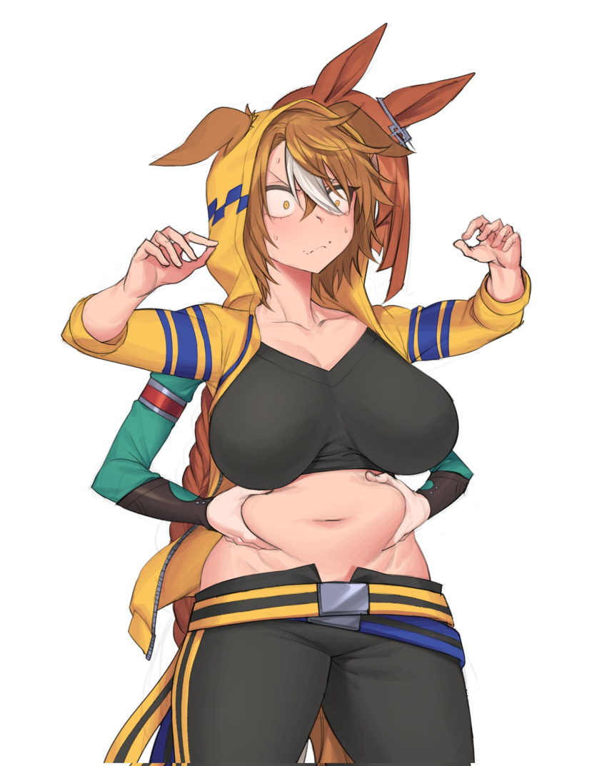 2girls alternate_breast_size animal_ears belly_grab belt black_tank_top blue_belt braid brown_hair collarbone commentary_request crop_top dictus_striker ear_ornament ears_through_hood fat food food_on_face fukuro_(maruaru00) hair_between_eyes highres hood hooded_jacket horse_ears horse_girl ikuno_dictus_(umamusume) jacket long_hair long_sleeves midriff multiple_belts multiple_girls navel orange_eyes simple_background sweat tank_top umamusume umamusume:_cinderella_gray very_long_hair white_background white_hair wide_sleeves yellow_belt yellow_jacket