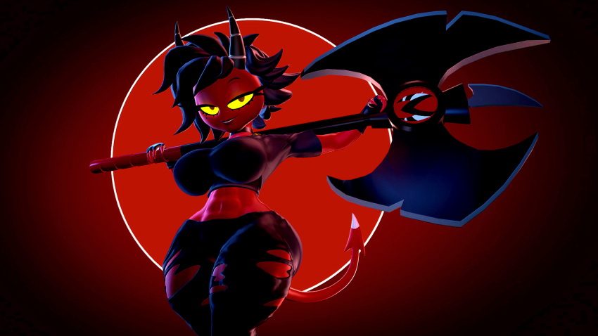 16:9 2023 2_horns 3d_(artwork) 4_fingers abs abstract_background armada_(artist) athletic athletic_female axe battle_axe beauty_mark bedroom_eyes big_breasts black_eyes black_hair bottomwear breasts choker clothing crop_top curvy_figure demon demon_humanoid digital_media_(artwork) eyelashes female fingerless_gloves fingers garry's_mod gloves hair handwear helluva_boss hi_res horn horned_humanoid hourglass_figure humanoid imp jewelry long_tail looking_at_viewer markings midriff millie_(helluva_boss) mole_(marking) narrowed_eyes necklace pants red_body red_skin seductive shirt short_hair small_waist smile solo spade_tail tail thick_thighs topwear torn_bottomwear torn_clothing torn_pants voluptuous wide_hips widescreen yellow_sclera