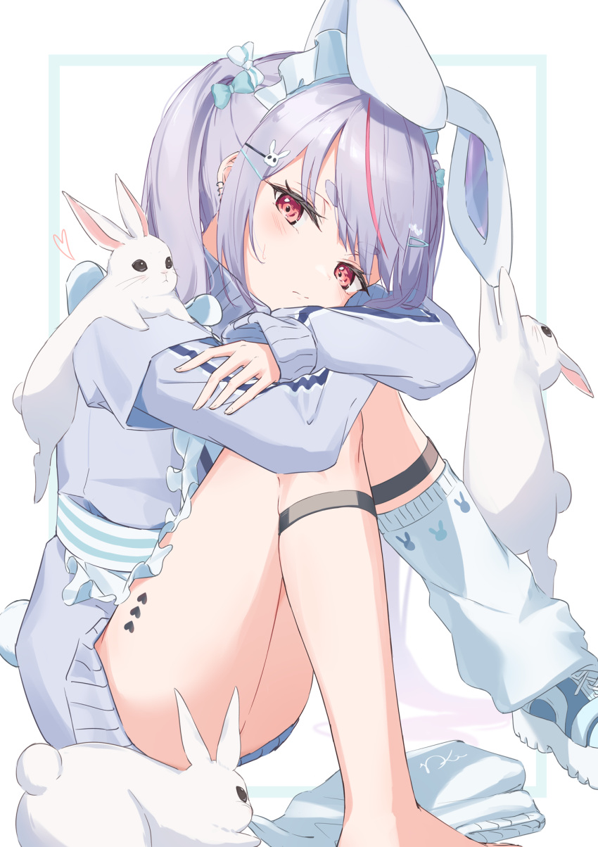 1girl animal_ears blue_bow bow closed_mouth commentary_request ear_piercing fake_animal_ears hair_bow hair_ornament hairclip highres long_hair long_sleeves looking_at_viewer multicolored_hair okishiro piercing pink_eyes pink_hair purple_hair purple_sweater rabbit rabbit_ears shoes short_eyebrows sitting sneakers solo streaked_hair sweater thick_eyebrows thighs tosaki_mimi twintails virtual_youtuber vspo!