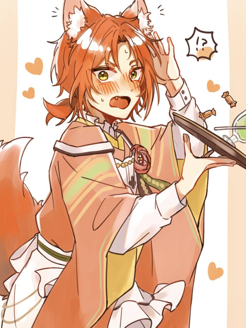 1boy alternate_costume animal_ears apron blush border ensemble_stars! fox_boy fox_ears fox_tail green_eyes heart highres japanese_clothes kimono koi_koi_cafe_(ensemble_stars!) looking_at_viewer low_ponytail male_focus medium_hair omiz_000 open_mouth orange_border orange_hair orange_kimono solo tail tsukinaga_leo white_apron white_background