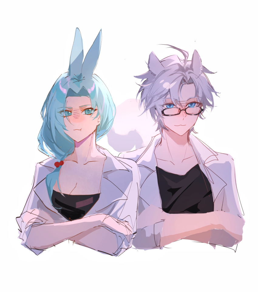 1boy 1girl :3 absurdres animal_ears aqua_eyes aqua_hair black_shirt breasts chinese_commentary cleavage closed_mouth collarbone commentary_request crossed_arms daoyu97819 enomoto_noa glasses grey_hair hair_bobbles hair_ornament highres kanou_aogu kemonomimi_mode lab_coat large_breasts low_ponytail open_clothes parted_bangs rabbit_ears rabbit_girl saibou_shinkyoku shirt short_hair side_ponytail simple_background sketch sleeves_rolled_up squirrel_boy squirrel_ears squirrel_tail tail white_background