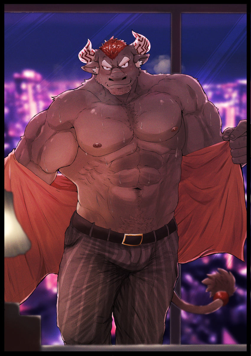 abs absurd_res anthro belt black_body black_fur bodily_fluids bovid bovine bulge cattle clothing fu_ren_chi fur gyumao hair hi_res horn lifewonders male mammal muscular muscular_anthro navel nipples pecs pinstripe_pants pinstripe_suit red_hair solo sweat tokyo_afterschool_summoners undressing