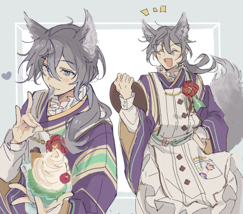 1boy animal_ears apron blue_eyes border ensemble_stars! flower fox_boy fox_ears fox_tail grey_border grey_hair highres japanese_clothes kimono koi_koi_cafe_(ensemble_stars!) long_hair long_sleeves low_side_ponytail male_focus official_alternate_costume purple_kimono red_flower shiina_niki simple_background solo suzumoo tail white_apron white_background