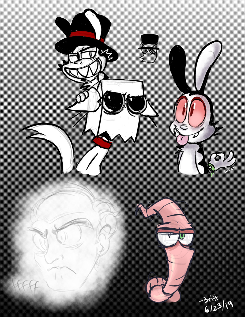 2019 8-bit-britt anthro bag black_body black_clothing black_ears black_fur black_hat black_headwear black_top_hat blue_eyes bunnicula bunnicula_(series) chester_(bunnicula) clothing collar digital_media_(artwork) domestic_cat earthworm_jim earthworm_jim_(series) fangs felid feline felis fur ghost grin group half-closed_eyes happy hat head_bag headgear headwear hi_res lagomorph leporid long_ears male mammal multicolored_body multicolored_fur narrowed_eyes on_top pink_body rabbit red_clothing red_collar red_eyes red_hat red_headwear red_sclera red_top_hat sharp_teeth smile spirit standing teeth tongue tongue_out top_hat two_tone_body two_tone_fur two_tone_hat two_tone_top_hat vampire villainous_(series) white_body white_fur white_nose worm