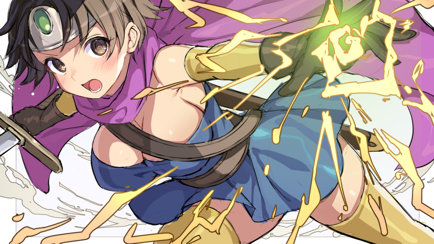 1girl armpit_crease bare_shoulders belt black_hair blue_dress blush breasts brown_eyes brown_gloves brown_hair cape circlet cleavage commentary_request dragon_quest dragon_quest_iii dress elbow_gloves fighting_stance gloves heroine_(dq3) hifumi_chiyoko highres holding holding_sword holding_weapon large_breasts looking_at_viewer magic open_mouth outstretched_hand purple_cape roto_(dq3) short_hair solo strapless strapless_dress sword thighhighs weapon yellow_gloves yellow_thighhighs