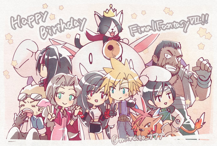 3girls 5boys aerith_gainsborough armor barret_wallace black_gloves black_hair black_skirt blonde_hair blue_eyes blue_sweater brown_hair cait_sith_(ff7) chibi cid_highwind closed_mouth cloud_strife copyright_name crop_top dark-skinned_male dark_skin facial_hair final_fantasy final_fantasy_vii fingerless_gloves flame-tipped_tail gloves goggles goggles_on_head green_eyes green_sweater hair_ribbon happy_birthday headband holding_hands light_blush long_hair looking_at_another looking_at_viewer minato_(ct_777) moogle multiple_boys multiple_girls open_mouth parted_bangs pink_ribbon red_eyes red_gloves red_headband red_xiii ribbon short_hair shoulder_armor skirt spiked_hair star_(symbol) suspender_skirt suspenders sweater swept_bangs tank_top tifa_lockhart turtleneck turtleneck_sweater twitter_username v vincent_valentine white_tank_top yawning yuffie_kisaragi